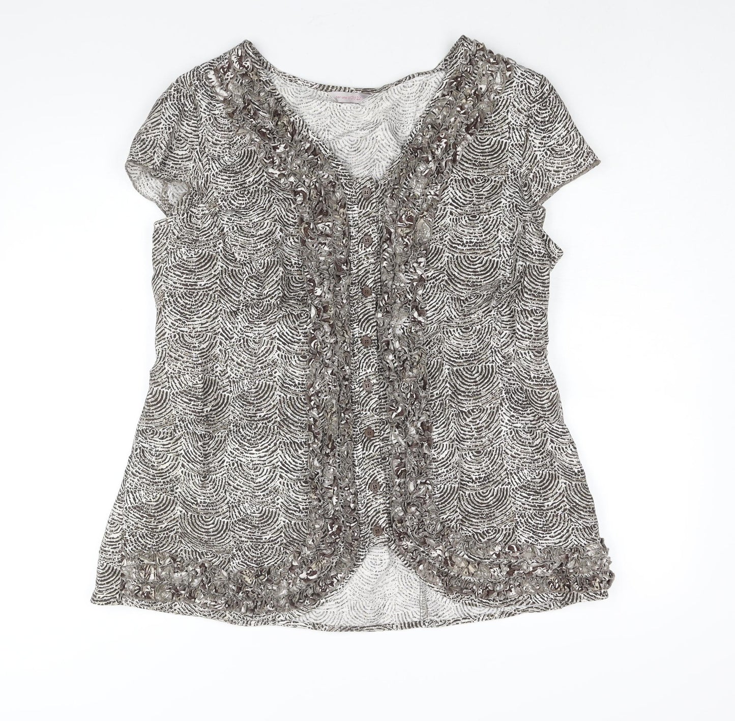 Per Una Womens Brown Geometric Linen Basic Blouse Size 22 V-Neck - Frill Lace Up Back