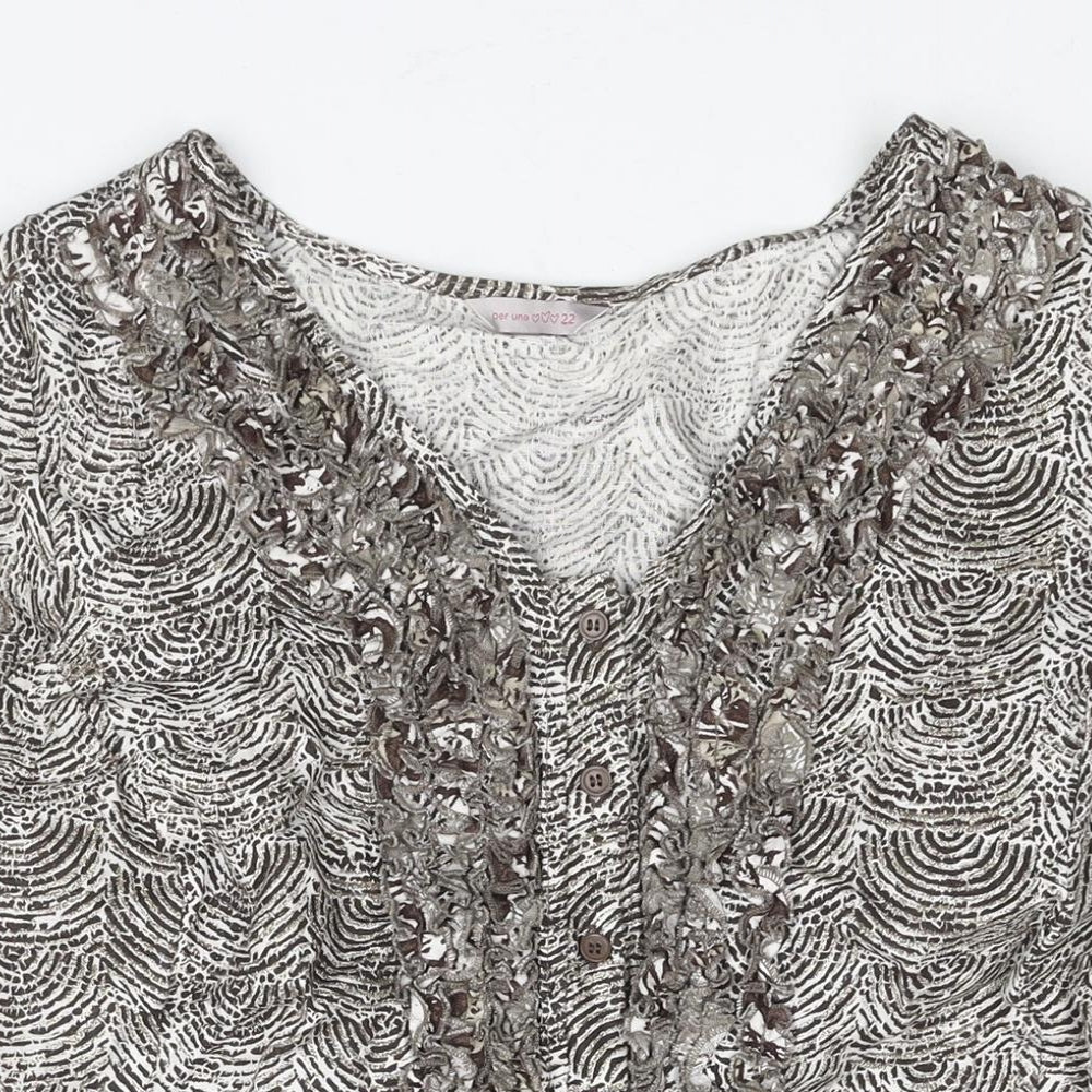 Per Una Womens Brown Geometric Linen Basic Blouse Size 22 V-Neck - Frill Lace Up Back