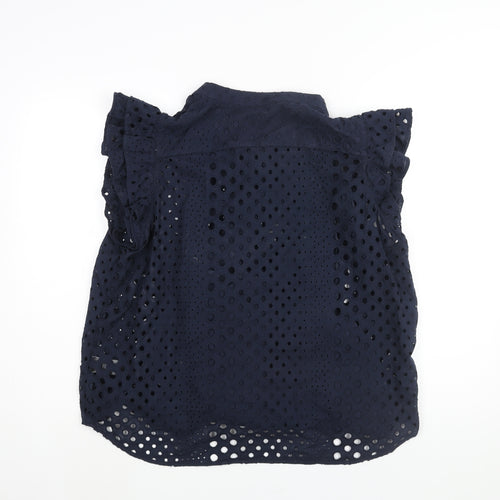 Marks and Spencer Womens Blue Cotton Basic Blouse Size 18 Round Neck - Lace Frill