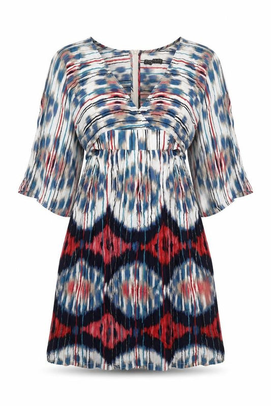Front view of Zara women’s multicoloured geometric polyester a-line, size XS, v-neck zip - belted