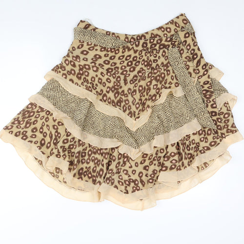 Karen Millen Womens Brown Geometric Silk Flare Skirt Size 12 Zip - Asymmetric Hem Layered Frill Belted