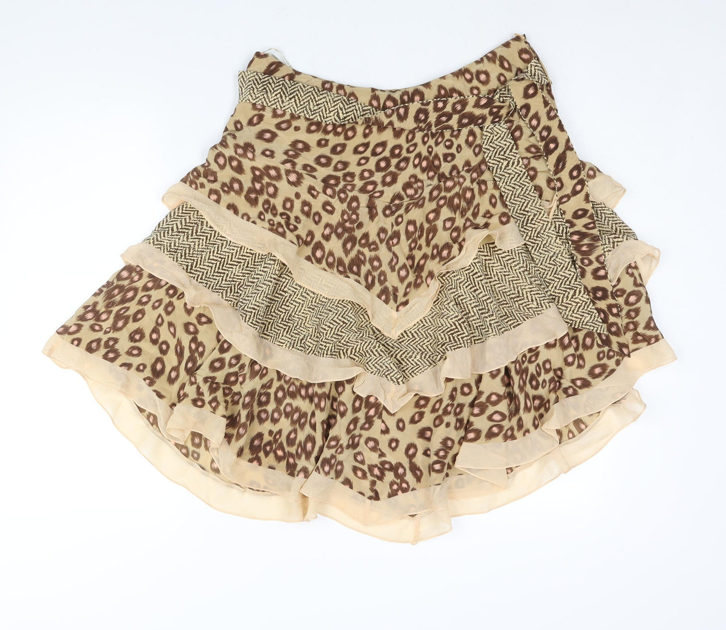 Karen Millen Womens Brown Geometric Silk Flare Skirt Size 12 Zip - Asymmetric Hem Layered Frill Belted