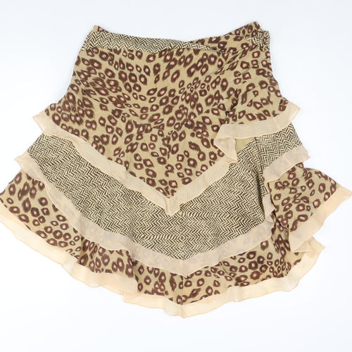 Karen Millen Womens Brown Geometric Silk Flare Skirt Size 12 Zip - Asymmetric Hem Layered Frill Belted