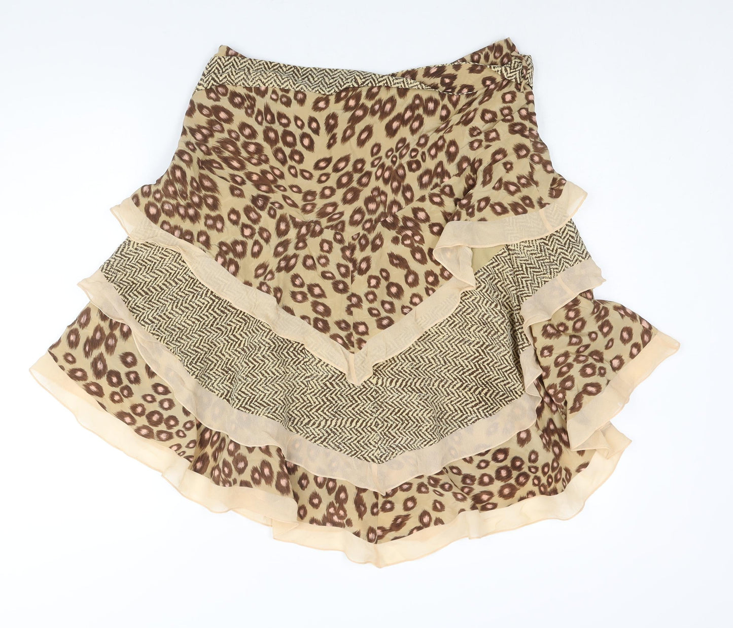 Karen Millen Womens Brown Geometric Silk Flare Skirt Size 12 Zip - Asymmetric Hem Layered Frill Belted