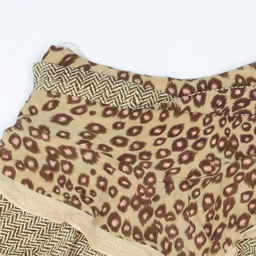 Karen Millen Womens Brown Geometric Silk Flare Skirt Size 12 Zip - Asymmetric Hem Layered Frill Belted