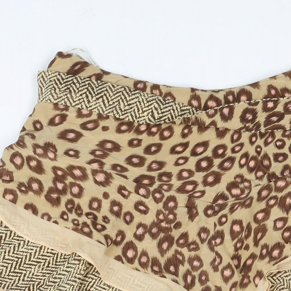 Karen Millen Womens Brown Geometric Silk Flare Skirt Size 12 Zip - Asymmetric Hem Layered Frill Belted