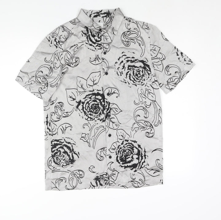 River Island Mens Grey Floral Polyester Button-Up Size S Collared Button - Semi Sheer