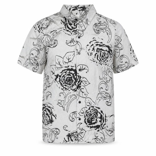 Front view of River Island men’s grey floral polyester button-up, size S, collared button - semi sheer