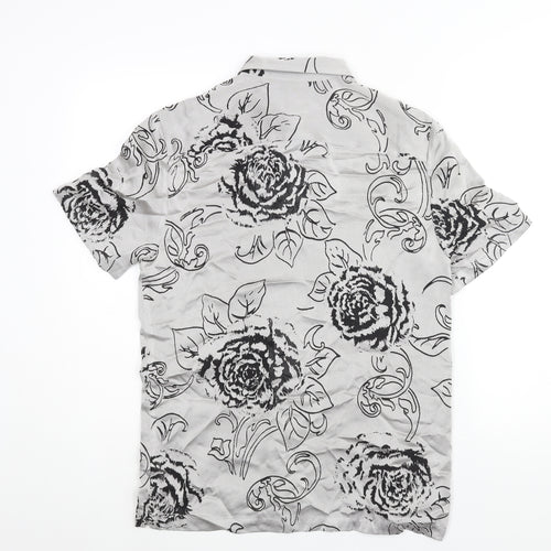 River Island Mens Grey Floral Polyester Button-Up Size S Collared Button - Semi Sheer