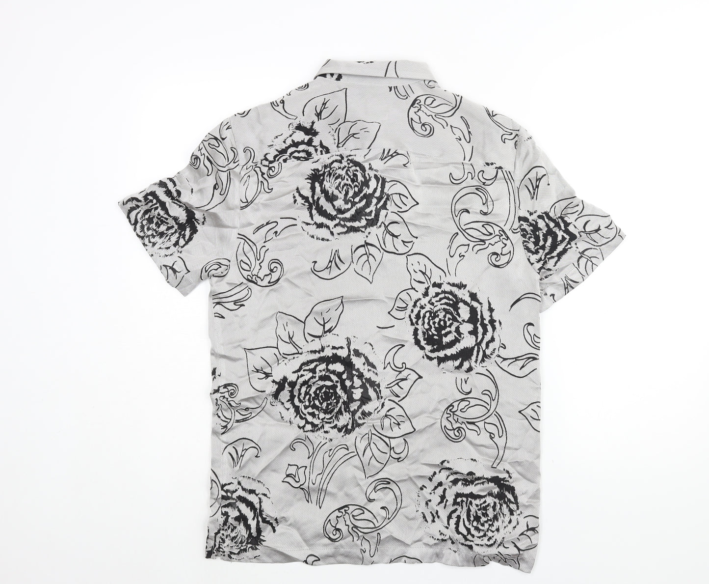 River Island Mens Grey Floral Polyester Button-Up Size S Collared Button - Semi Sheer