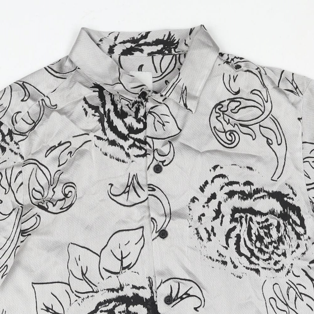 River Island Mens Grey Floral Polyester Button-Up Size S Collared Button - Semi Sheer