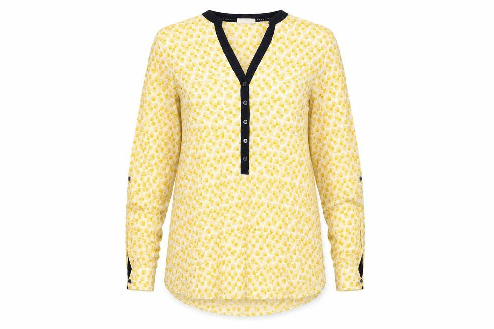 Front view of Vanessa Virginia women’s yellow geometric viscose basic blouse, size UK 12, v-neck