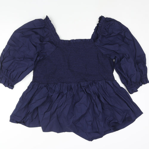 Marks and Spencer Womens Blue Cotton Basic Blouse Size 22 Square Neck - Peplum Frill Rouched