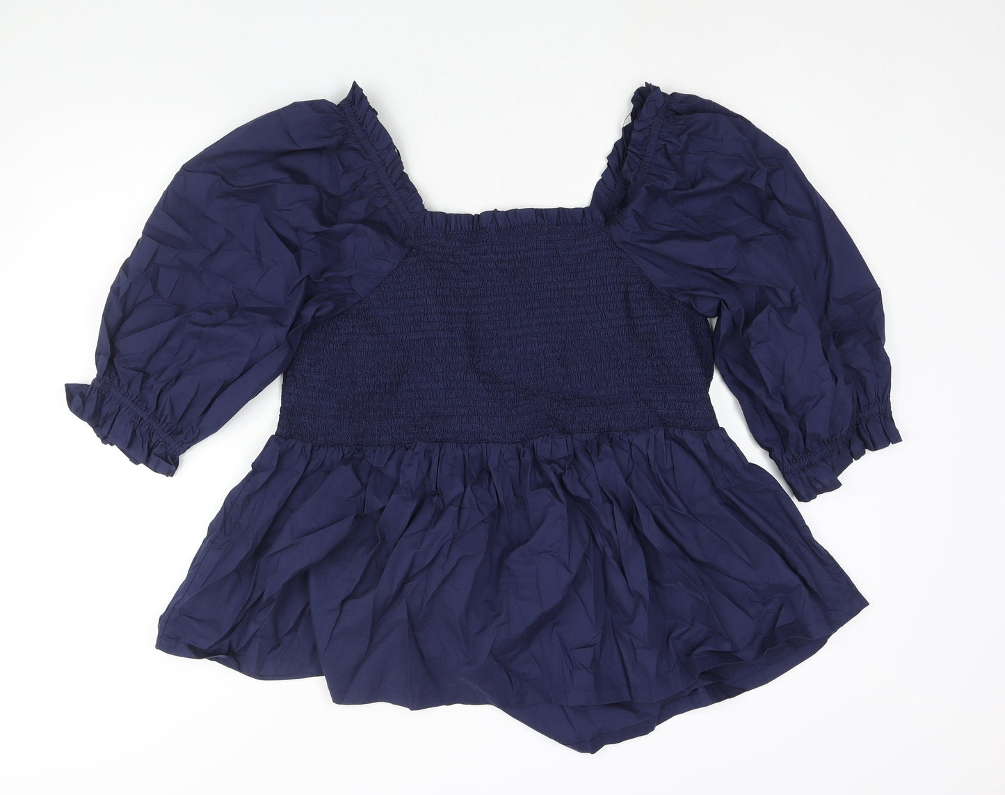 Marks and Spencer Womens Blue Cotton Basic Blouse Size 22 Square Neck - Peplum Frill Rouched