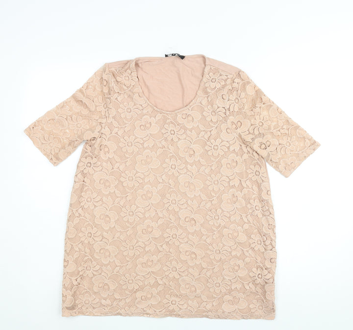 New Look Womens Pink Nylon Basic Blouse Size 12 Round Neck - Lace Front