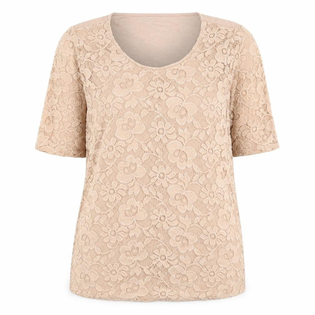 Front view of New Look women’s pink nylon basic blouse, size UK 12, round neck - lace front