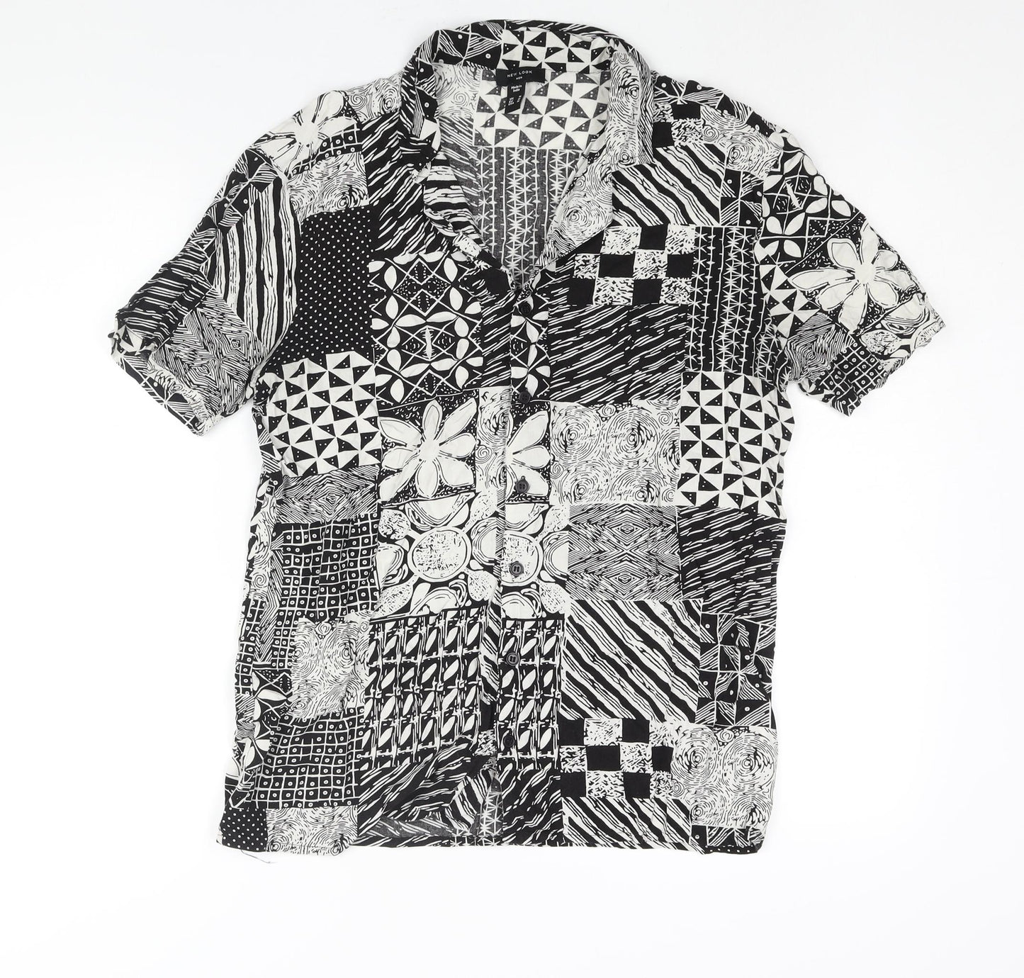 New Look Mens Black Geometric Viscose Button-Up Size M Collared Button