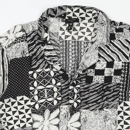 New Look Mens Black Geometric Viscose Button-Up Size M Collared Button