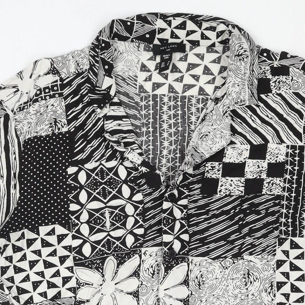 New Look Mens Black Geometric Viscose Button-Up Size M Collared Button