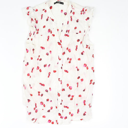 Oasis Womens White Floral Cotton Basic Blouse Size 8 V-Neck - Rouched Frill