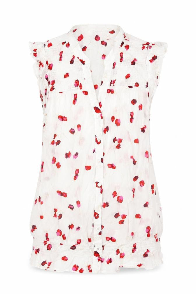 Front view of Oasis women’s white floral cotton basic blouse, size UK 8, v-neck - rouched frill
