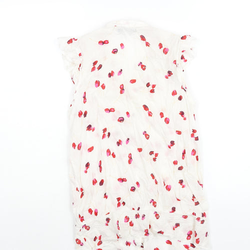 Oasis Womens White Floral Cotton Basic Blouse Size 8 V-Neck - Rouched Frill