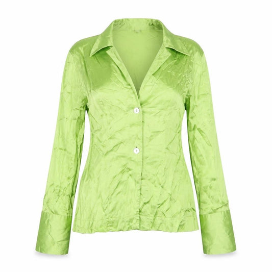 Front view of H&M women’s green viscose basic button-up, size M, collared