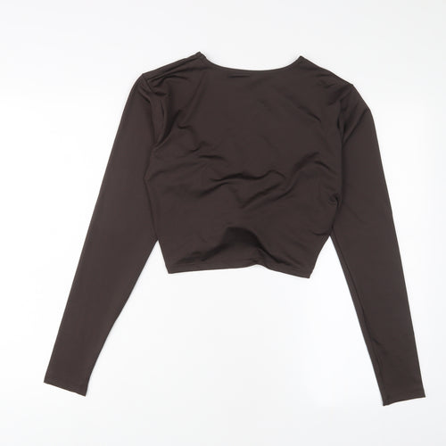 South Beach Womens Brown Polyester Cropped T-Shirt Size 14 Crew Neck - Twist front