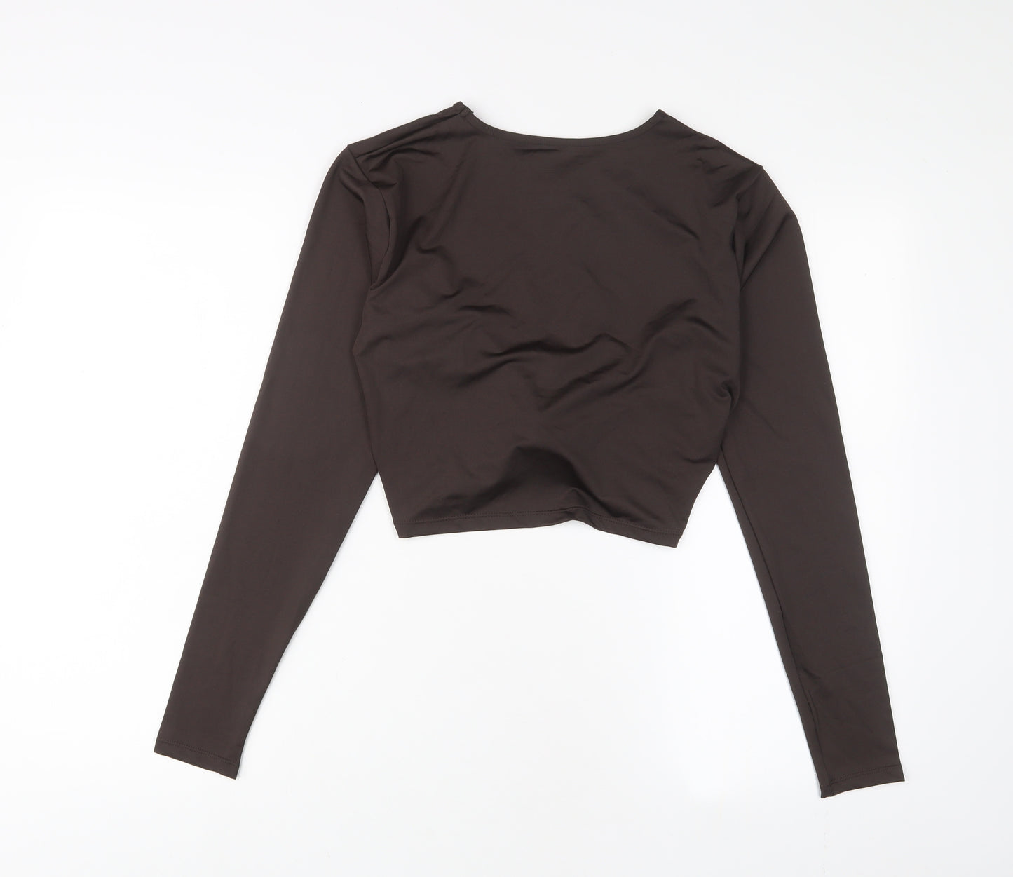 South Beach Womens Brown Polyester Cropped T-Shirt Size 14 Crew Neck - Twist front