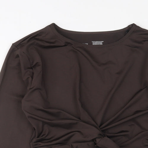 South Beach Womens Brown Polyester Cropped T-Shirt Size 14 Crew Neck - Twist front