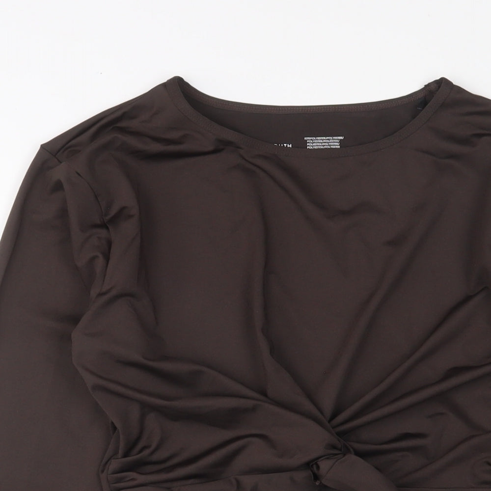 South Beach Womens Brown Polyester Cropped T-Shirt Size 14 Crew Neck - Twist front