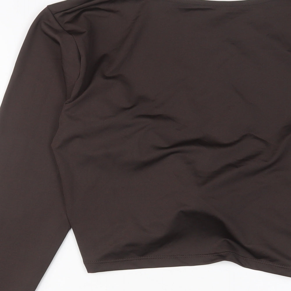 South Beach Womens Brown Polyester Cropped T-Shirt Size 14 Crew Neck - Twist front