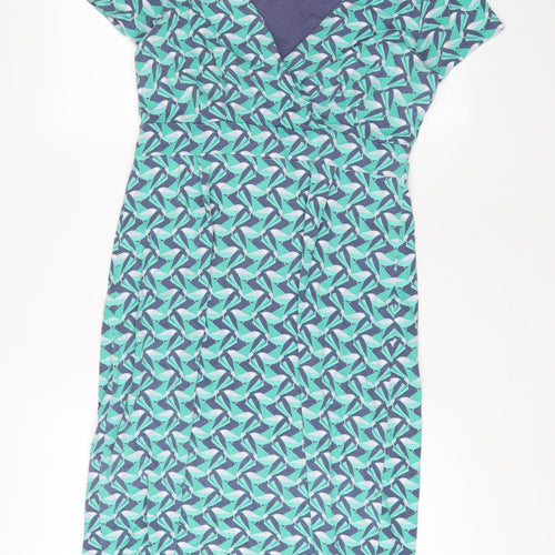 White Stuff Womens Green Geometric Cotton Sheath Size 12 V-Neck Pullover - Pleated