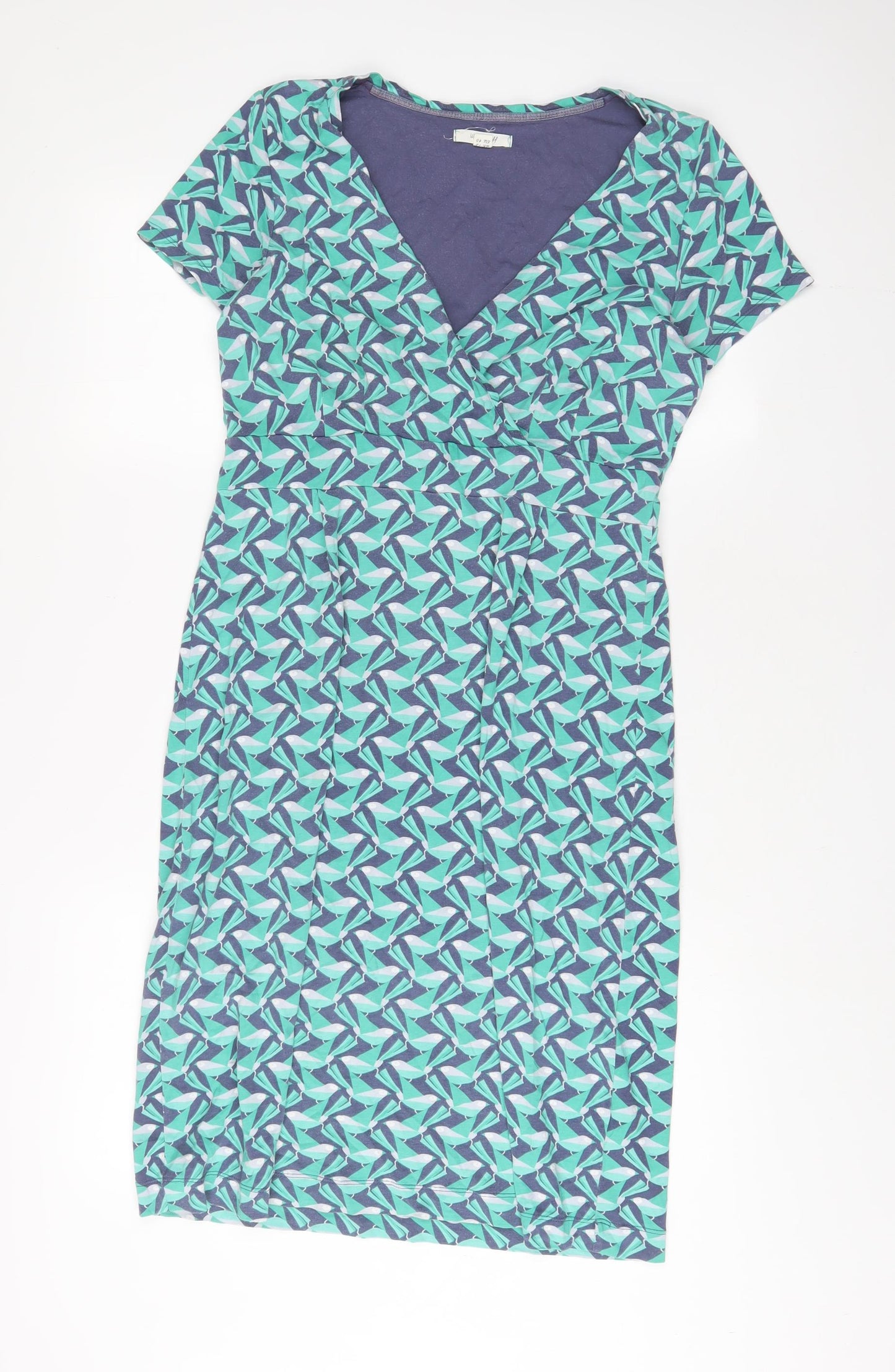 White Stuff Womens Green Geometric Cotton Sheath Size 12 V-Neck Pullover - Pleated