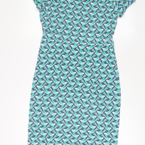 White Stuff Womens Green Geometric Cotton Sheath Size 12 V-Neck Pullover - Pleated