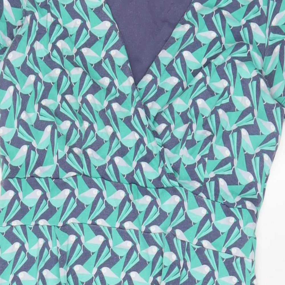 White Stuff Womens Green Geometric Cotton Sheath Size 12 V-Neck Pullover - Pleated