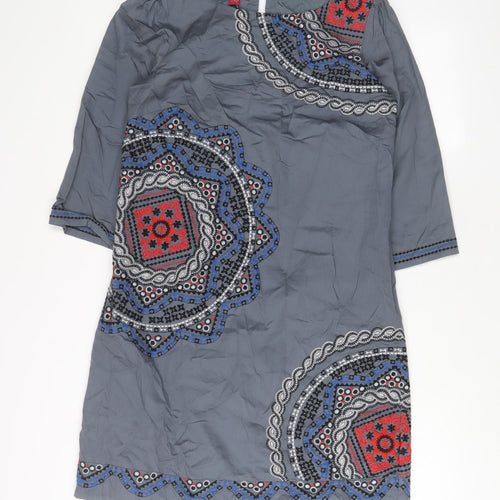 Monsoon Womens Grey Fair Isle Cotton A-Line Size 12 Boat Neck Button - Embroidered