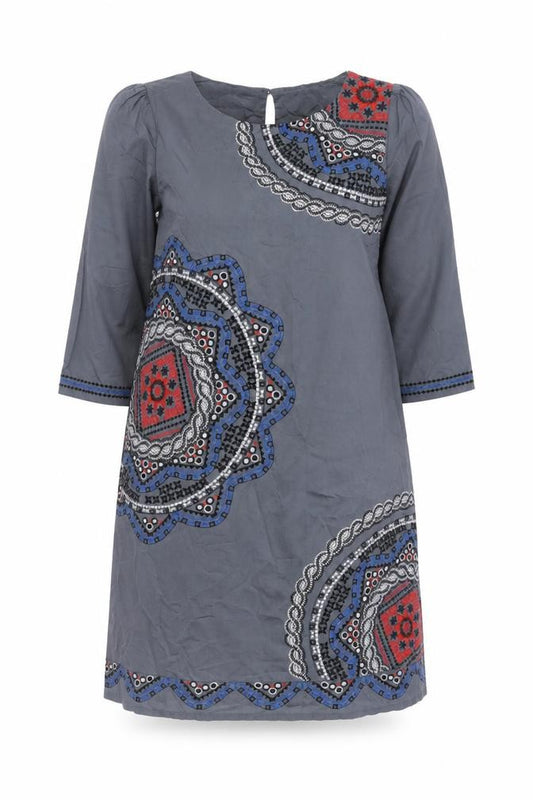 Front view of Monsoon women’s grey fair isle cotton a-line, size UK 12, boat neck button - embroidered
