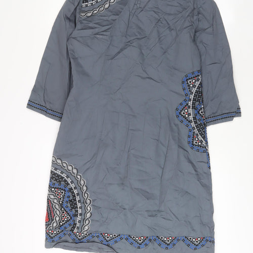 Monsoon Womens Grey Fair Isle Cotton A-Line Size 12 Boat Neck Button - Embroidered