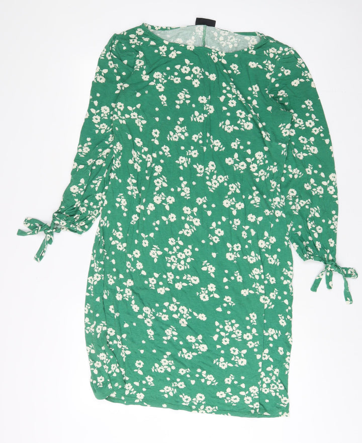 Wallis Womens Green Floral Viscose Sheath Size 14 Boat Neck Pullover