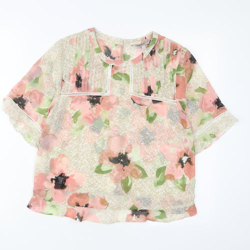 Limited Edition Womens Pink Floral Polyester Basic T-Shirt Size 8 Crew Neck - Embroidered, Pleated