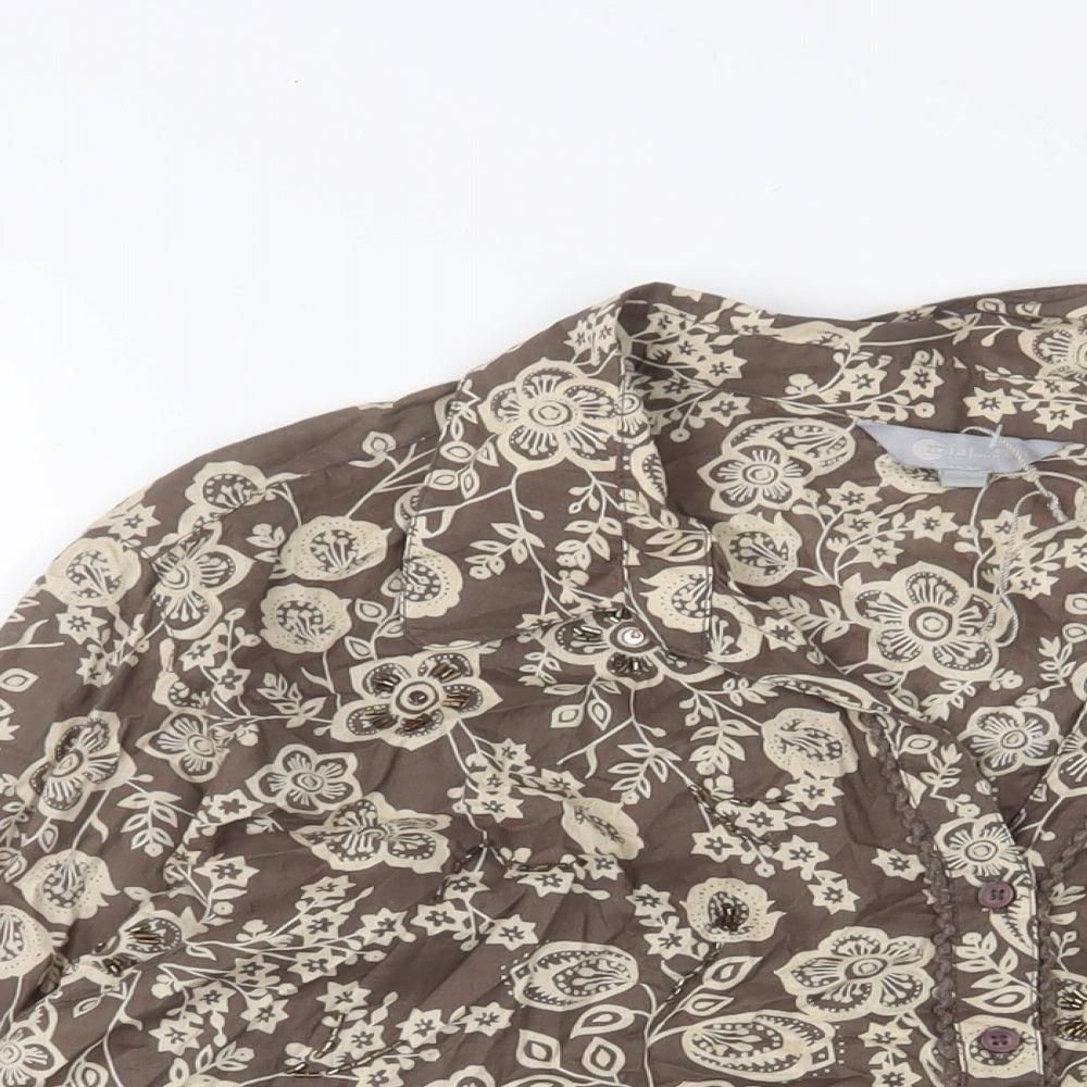 Mia Moda Womens Brown Floral Cotton Basic Button-Up Size 22 Collared - Beaded
