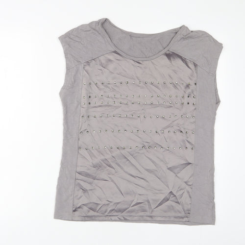 Klass Womens Grey Viscose Basic T-Shirt Size M Boat Neck - Beaded