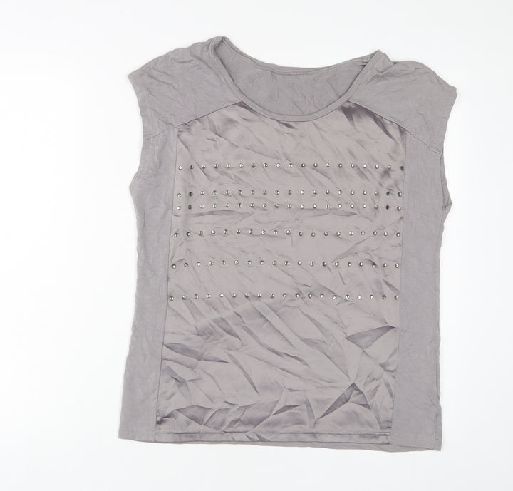 Klass Womens Grey Viscose Basic T-Shirt Size M Boat Neck - Beaded