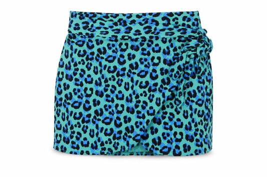 Front view of Bobeau women’s blue animal print polyester wrap skirt, size UK 18, tie