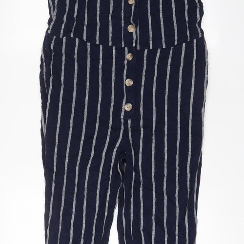 Marks and Spencer Womens Blue Striped Linen Jumpsuit One-Piece Size 10 L26 in Button
