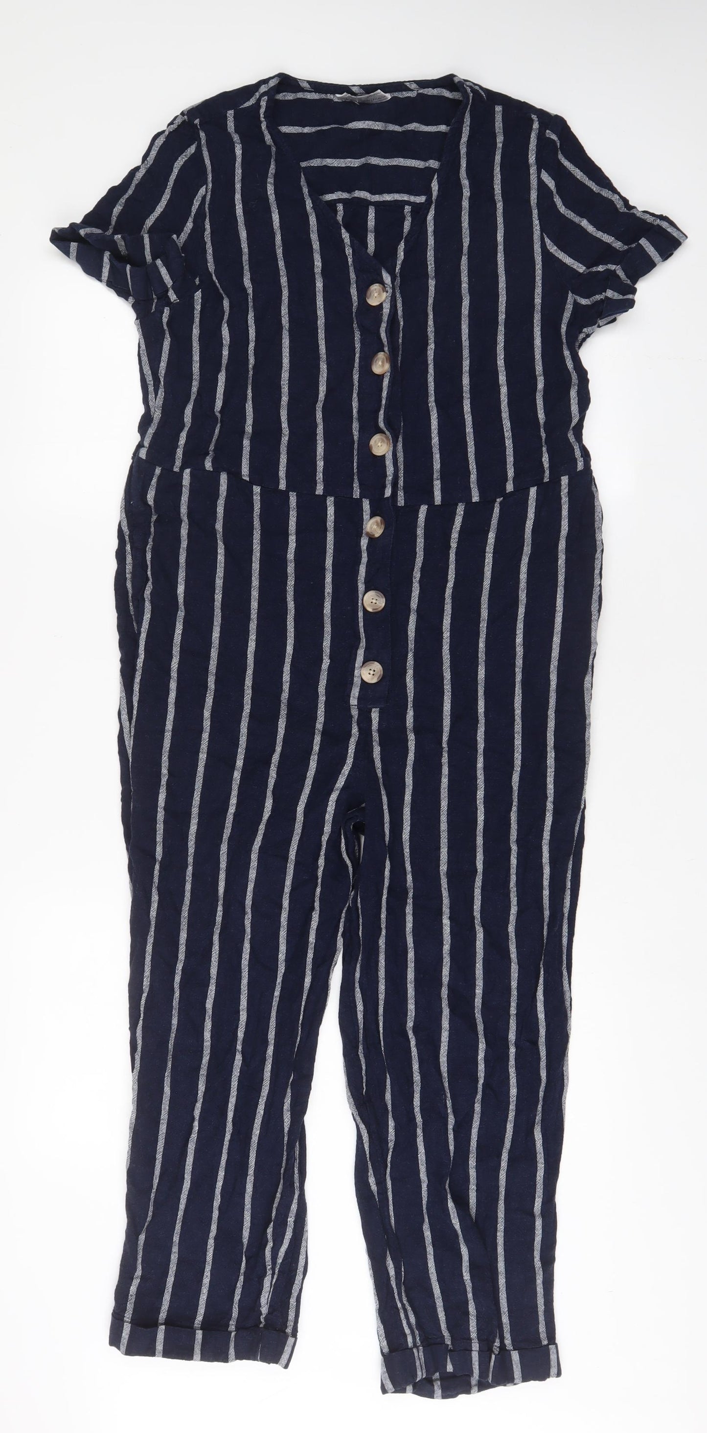 Marks and Spencer Womens Blue Striped Linen Jumpsuit One-Piece Size 10 L26 in Button