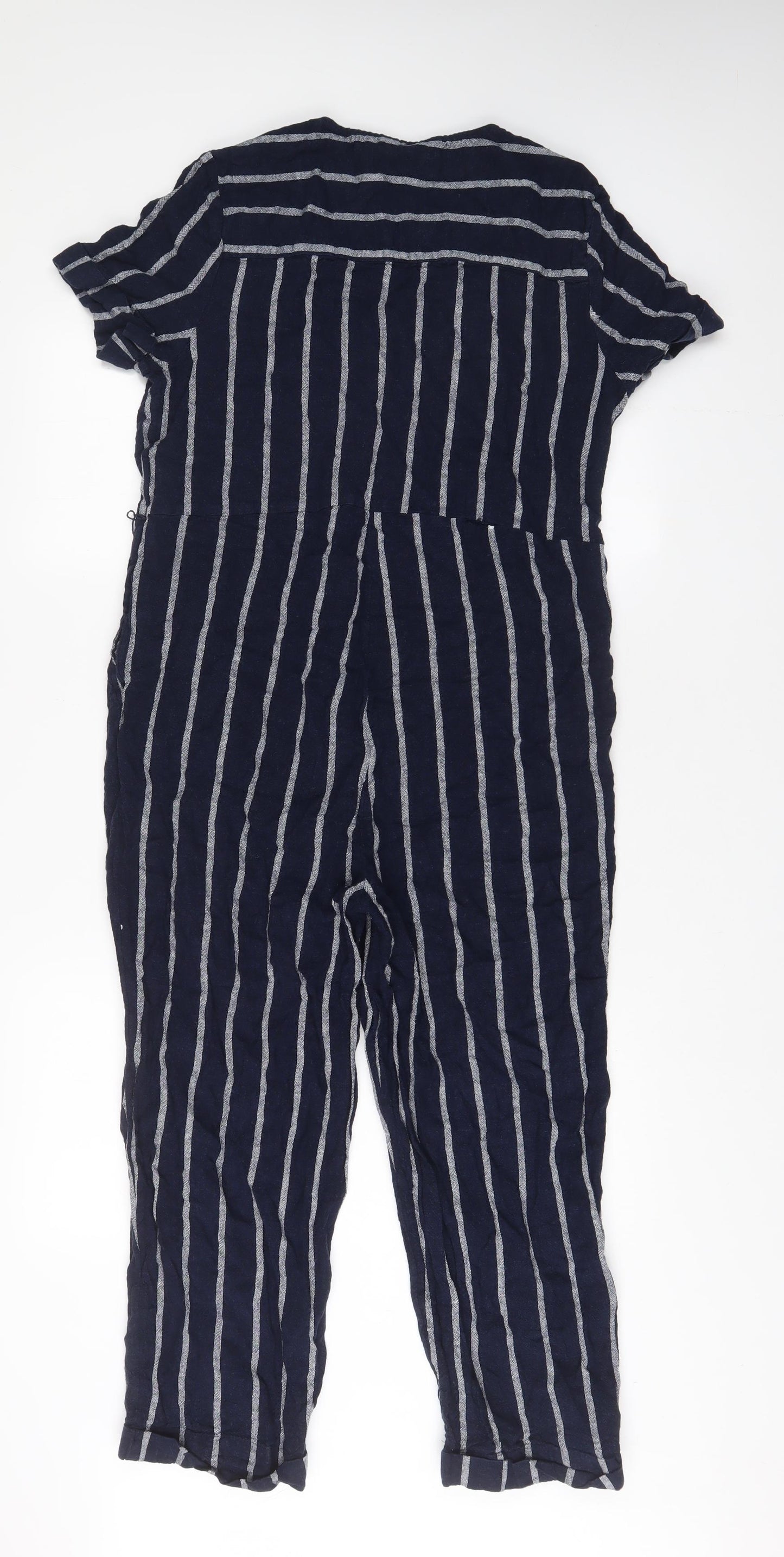 Marks and Spencer Womens Blue Striped Linen Jumpsuit One-Piece Size 10 L26 in Button