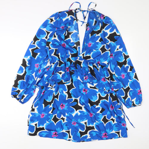 New Look Womens Blue Floral Polyester A-Line Size 12 V-Neck Tie