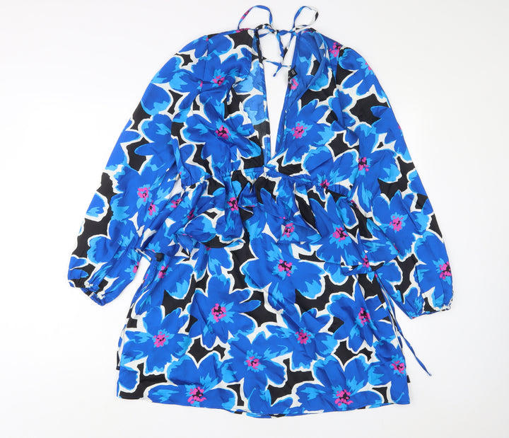 New Look Womens Blue Floral Polyester A-Line Size 12 V-Neck Tie